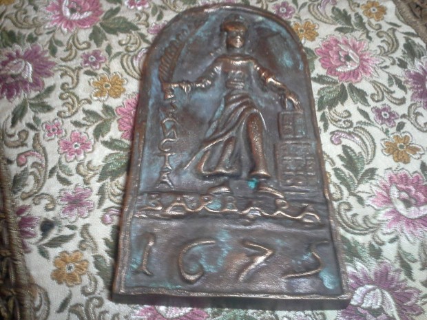Antik rgi Sancta Barbara 1675 bronz szent borbla vdszent falikp