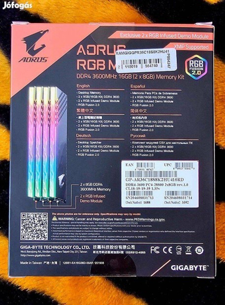 Aorus RGB Memria 16GB DDR4, 3600MHz, demo modulokkal