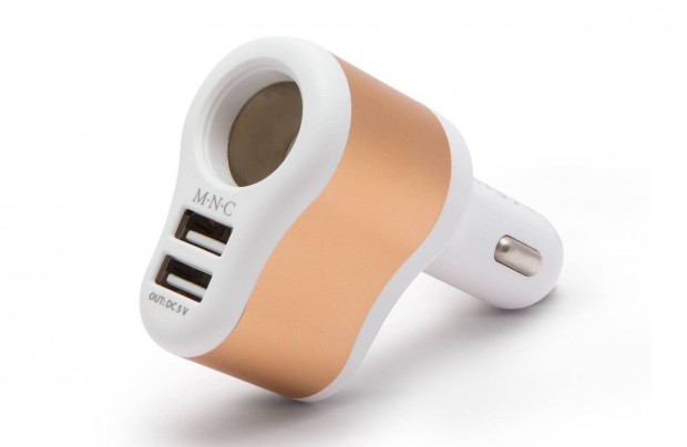 Arany fehér autós töltő szivargyújtó aljzat adapter dupla USB aljzat