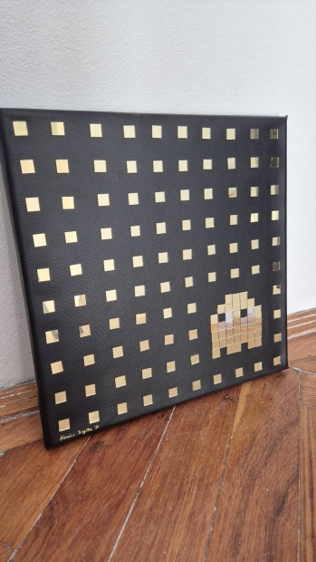 Arany fekete tkrs pixelart, absztrakt festmny 30x30cm 