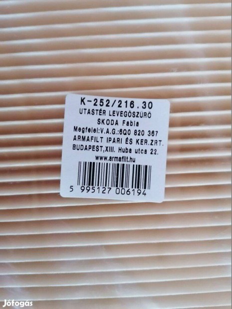 Armafilt - pollenszűrő, utastér levegőszűrő VW Polo, Skoda Fabia, A2,