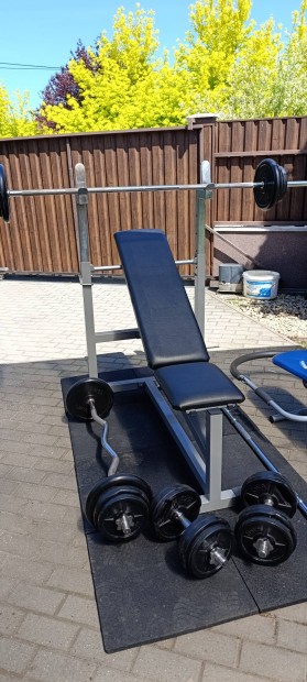Arnold Master fekpad+fekvenyomó rúd+100kg gumírozott súly+...