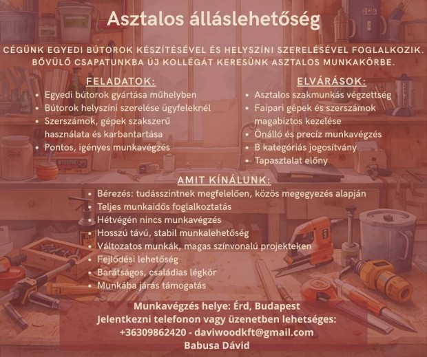 Asztalos álláshirdetés, Budapest és Érd környéke