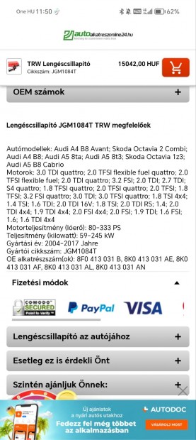 Audi A4/A5, Skoda sosem használt Lengéscsillapitó szett,