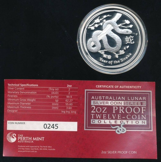 Ausztrlia 2 oz ezst 2013, Lunar II, Kgy, Proof