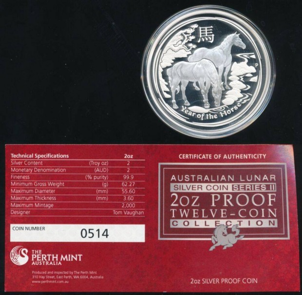 Ausztrlia 2 oz ezst 2014, Lunar II, L, Proof