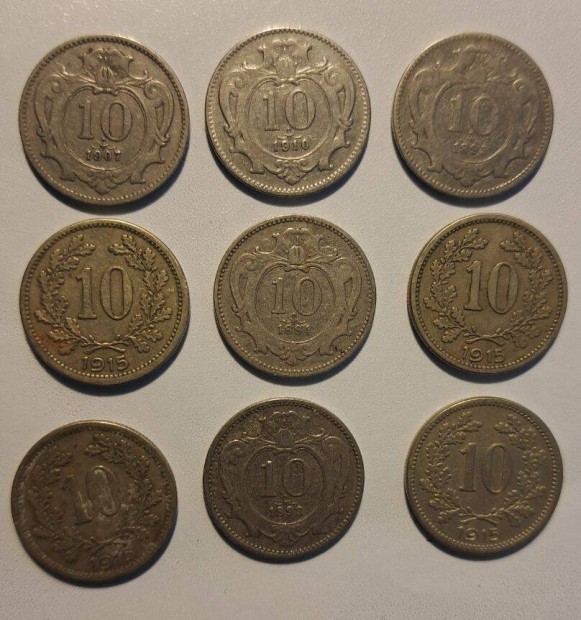 Ausztria 10 Heller gyjtemny 1893,1915,1910,1895,1907,1894 9 db