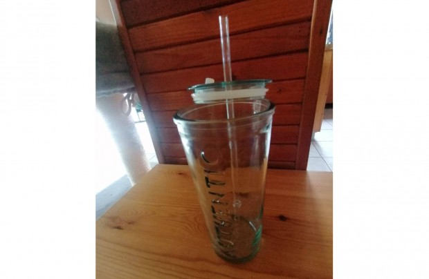 Authentic, üveg utazó üdítős pohár, szívószállal eladó! Új,