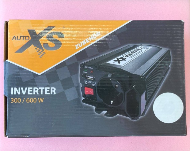 Auto XS 300W/600W autós inverter, feszültségátalakító, 2 dugalj + USB