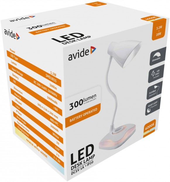 Avide LED Asztali Lmpa, USB csatlakozval, NW, 4000K (term. fehr)