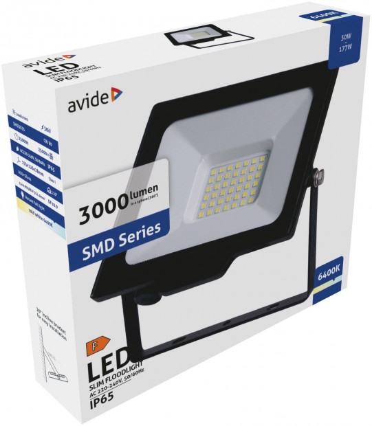 Avide LED Reflektor Slim SMD 30W CW 6400K, hideg fehr, 3000 lumen