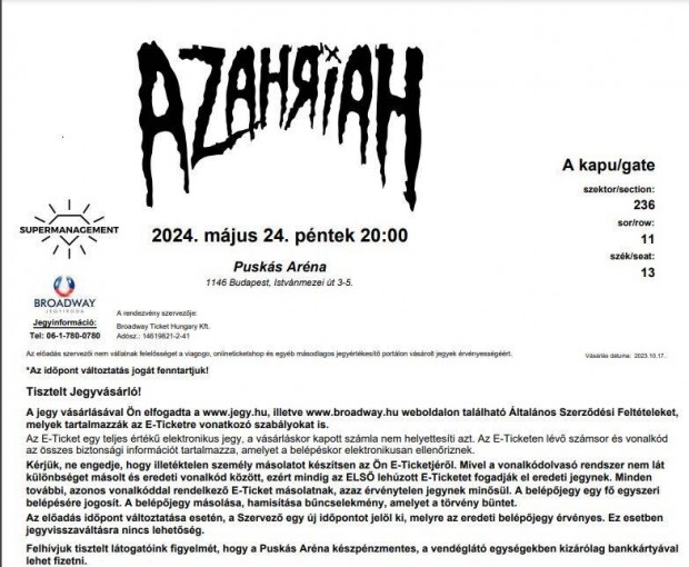 Azahriah koncertjegy 2024.05.24-re (3db)