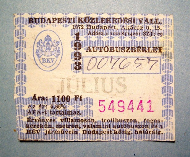 BKV Autbuszbrlet 1993 Jlius (foltos) 2kppel