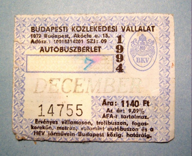 BKV Autbuszbrlet 1994 December (foltos) 2kppel