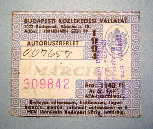 BKV Autbuszbrlet 1994 Mrcius (2kppel)