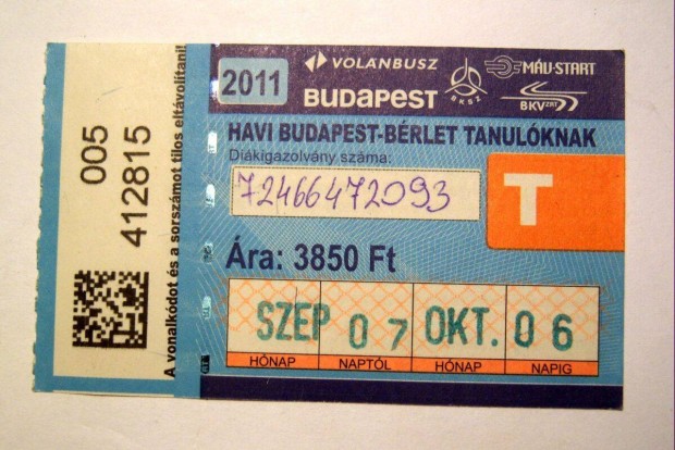 BKV Havibérlet Tanuló 2011 Szeptember (2képpel)