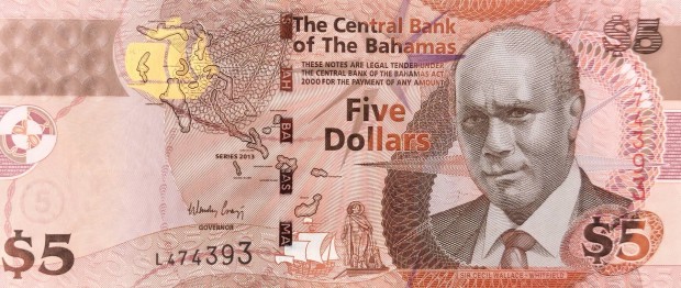 Bahamk 5 dollr, 2013, UNC bankjegy