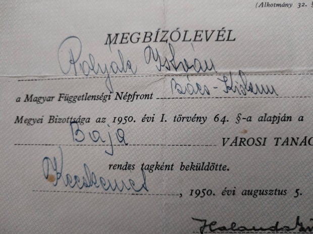 Bajai 1950-es Vlasztsi Megbzlevl ritka db