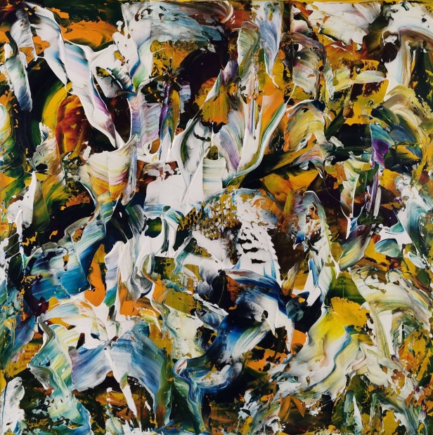 Baján Ildikó festmény 50 x 50 cm. Szitakötők tánca