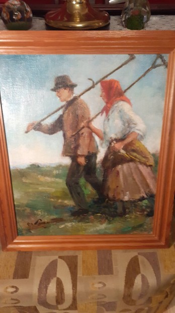 Balogh János olaj- vászon festmény " Házaspár a földeken "