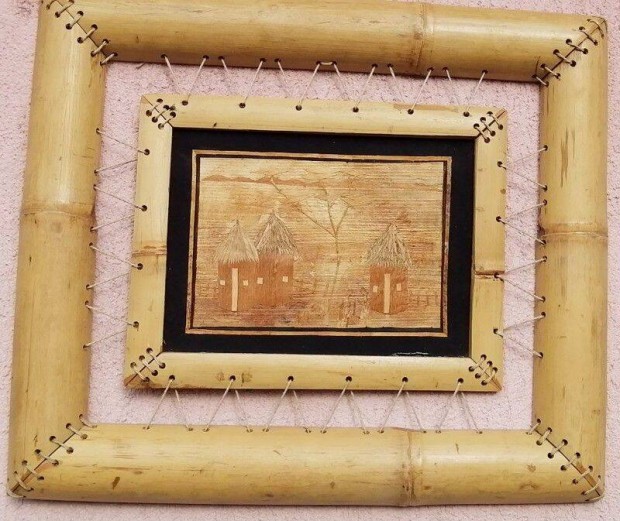 Bambuszkeretes Afrikai kzmves falikp, papirusz, s szalma dekorci