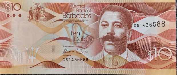 Barbados 10 dollr, 2018, UNC bankjegy