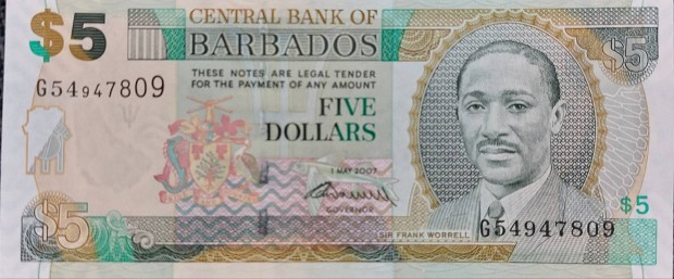 Barbados 5 dollr, 2007, UNC bankjegy