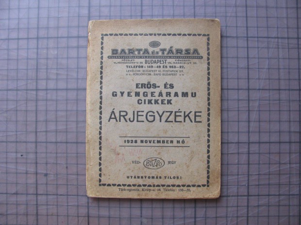 Barta és Társa erős- és gyengeáramú cikkek, csillárok, lámpák 1928