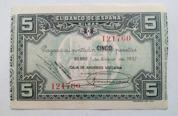 Baszkfld Bilbao 5 peseta 1937 spanyol polgrhbor