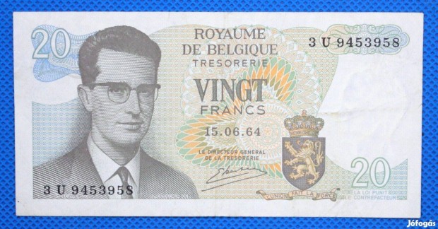Belgium 20 frank, 1964 VF Bankjegy Elad!