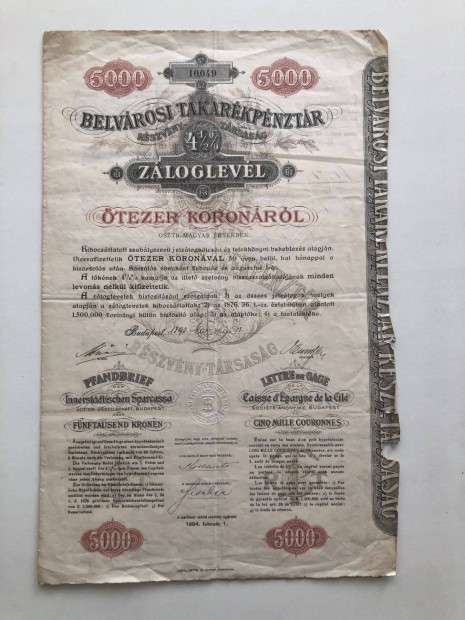Belvrosi takarkpnzts 5000 korons zloglevl ritkasg elad