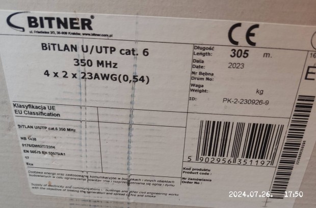 Bitner UTP kbel cat6 350 MHz PVC kpeny 305 m/doboz