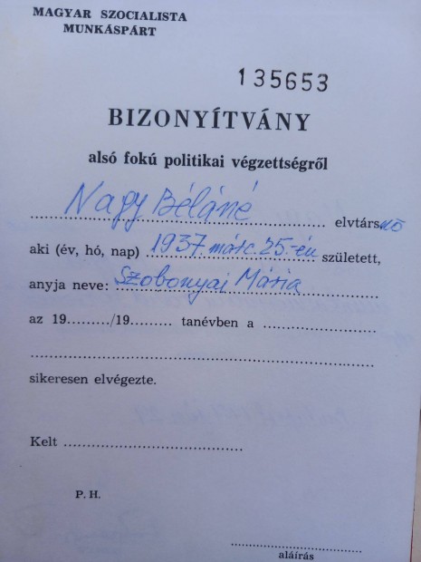 Bizonytvny Politikai vgzettsgrl a 70-es vekbl