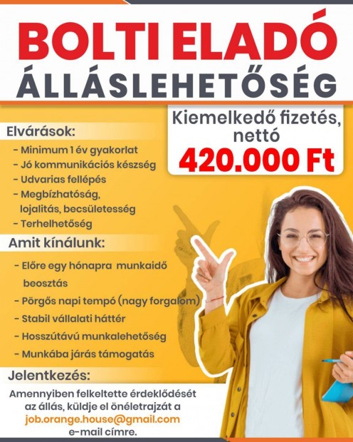 Bolti eladó álláslehetőség Nyíregyházán (nettó 420.000 Ft/hó)