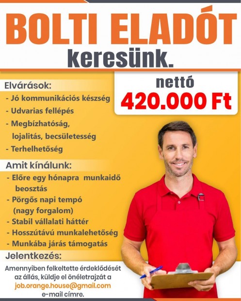 Bolti eladó álláslehetőség Nyíregyházán (nettó 420.000 Ft/hó)