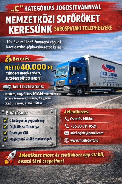 C kateg�ri�s jogos�tv�nnyal nemzetk�zi sof�r�ket keres�nk S�rospat