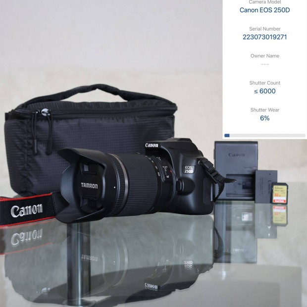 Canon EOS 250D + Tamron 18-200mm + 32GB kártya + táska