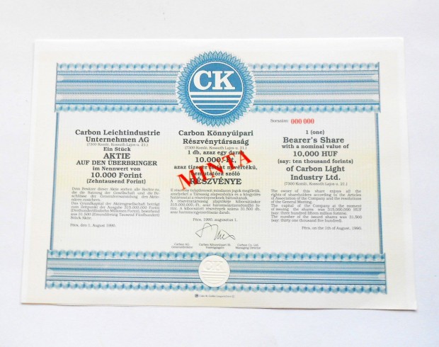 Carbon Knnyipari Rszvnytrsasg minta rszvny 1990