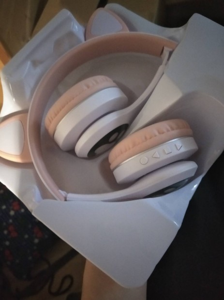 Cat ear headphones , headset , white and pink 