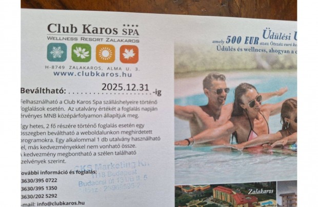 Club Karos Spa dlsi utalvny, 500 eur rtk
