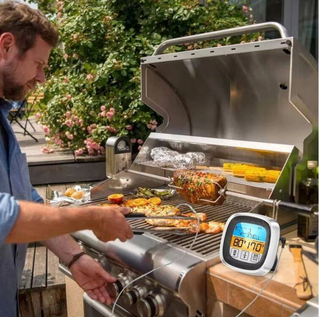 Digitális grill, BBQ, sütő maghőmérő, húshőmérő, érintőképernyős kijel