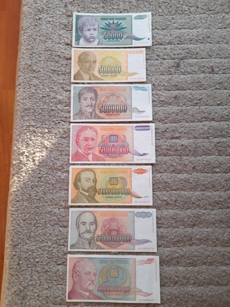 Dínár jugoszláv inflációs régi papírpénz 7 db egyben eladó!