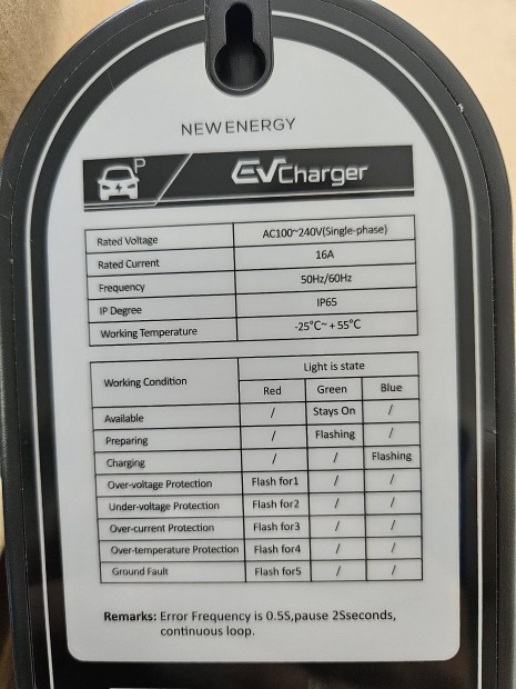 EVSE töltőkábel 230V, 1x16A, 3,6kW