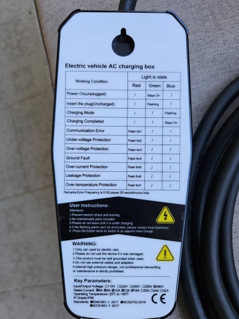 EVSE töltőkábel 3x16A, 11kW