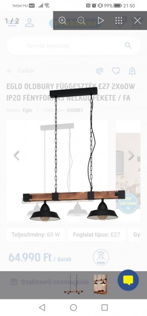Eglo Oldbury Függeszték E27 2X60W IP20 Fényforrás Nélkül Fekete / Fa