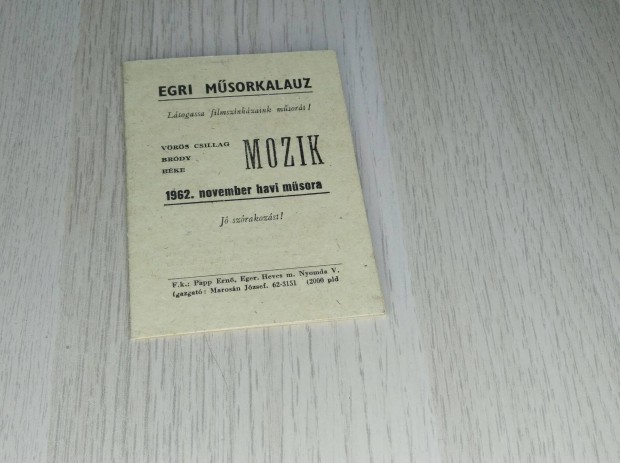 Egri mozimsor 1962 / November + 2 db ess vasrnap mozijegy