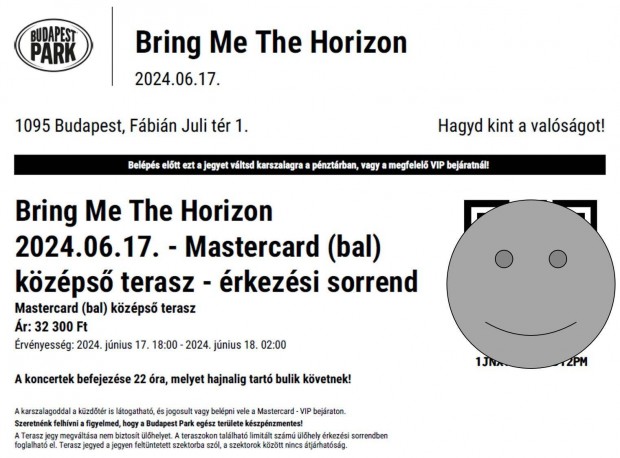 Elad 1 db Bmth - Bring Me The Horizon koncertjegy bal kzps terasz!