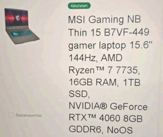 Eladó MSI Gaming NB Thin 15 B7VF-499 gamer laptop