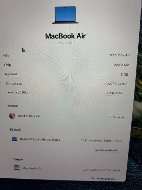 Eladó Macbokk Air M2 memória: 8GB, 256 GB Macintosh HD