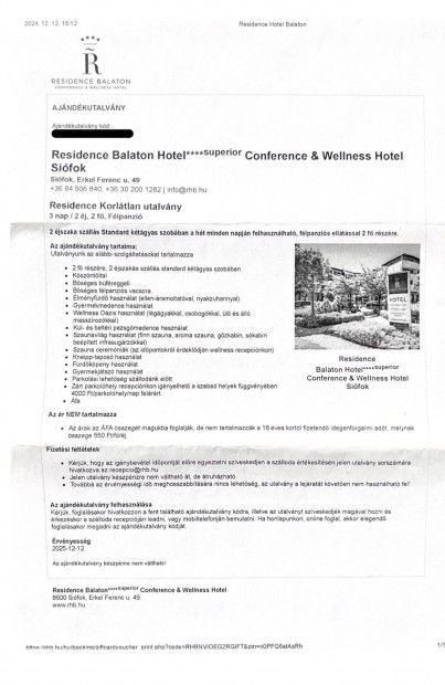 Eladó Residence Balaton Hotel wellness utalvány